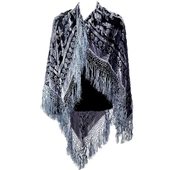 Maya Matazaro Kimono Shawl Wrap Silk Burnout Velvet Blk Grey Fringe USA NWT - Picture 8 of 9